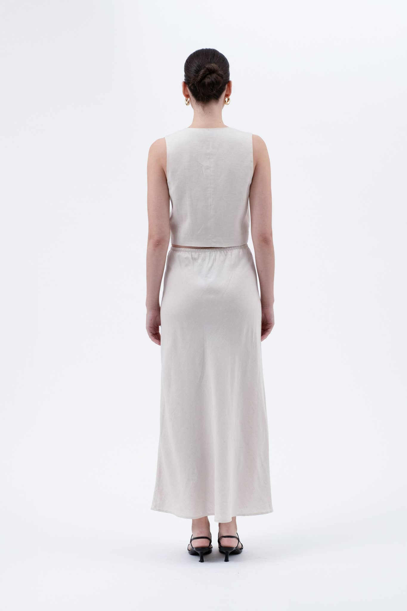 SOLID HIGH WAIST FRONT TIE LINEN MIDI SKIRT