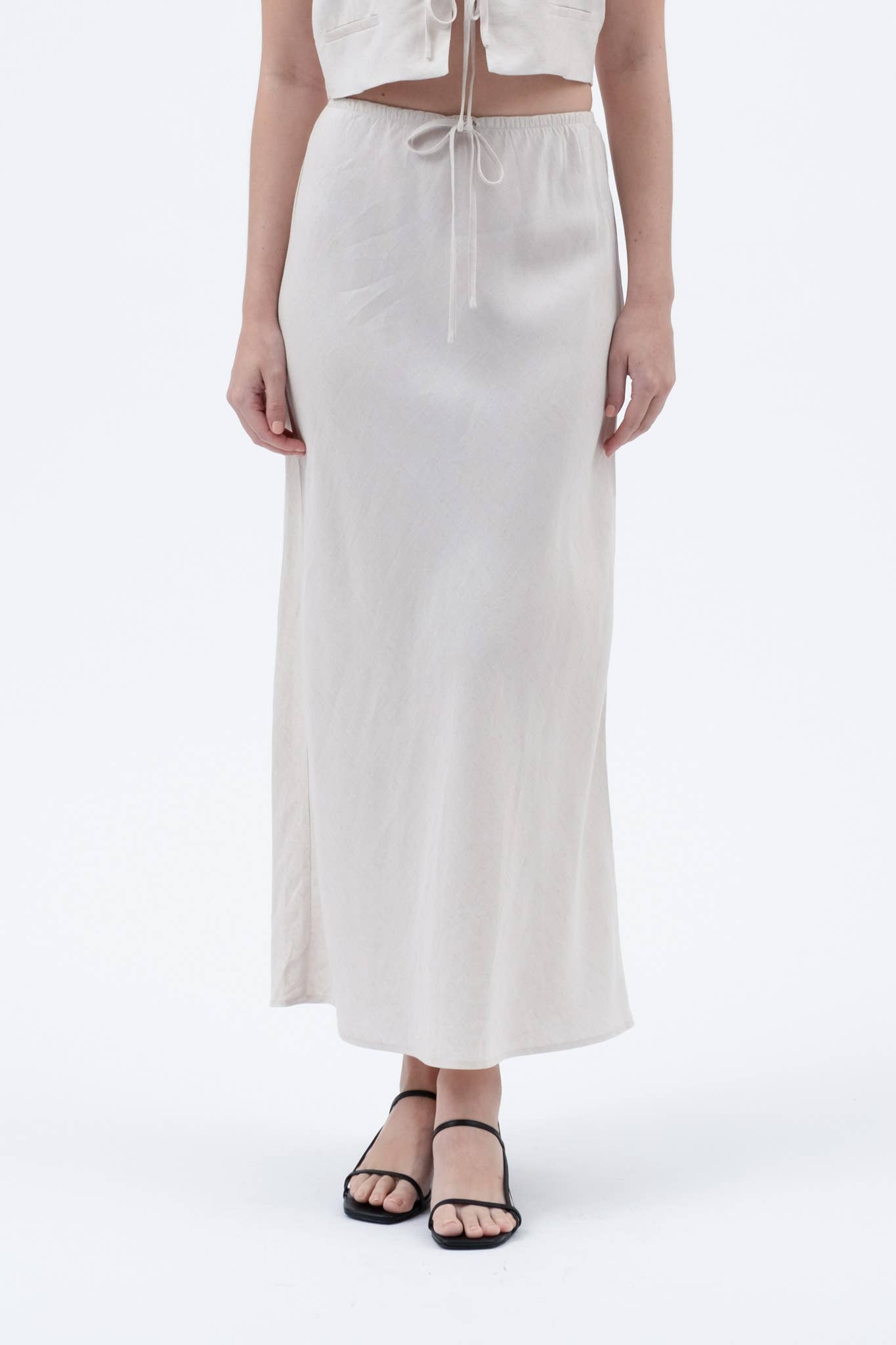 SOLID HIGH WAIST FRONT TIE LINEN MIDI SKIRT
