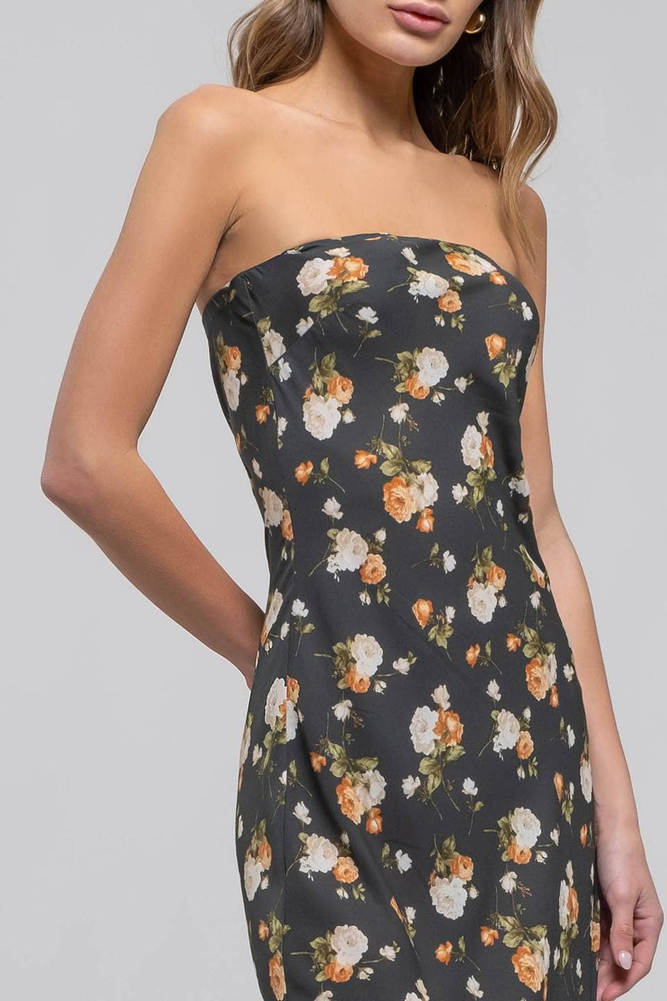 FLORAL STRAPLESS SATIN MIDI DRESS