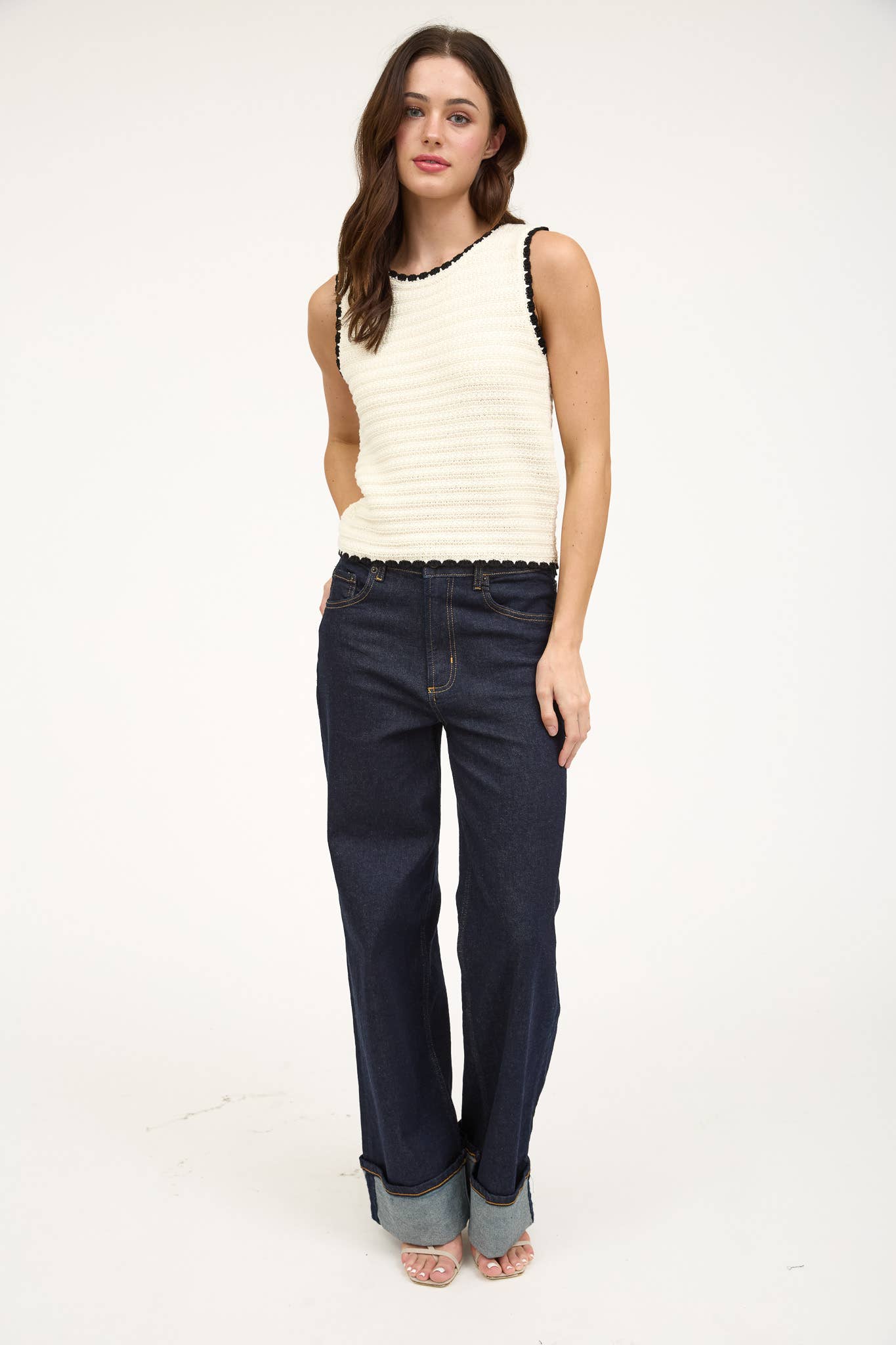 Sally Contrast Trim Crochet Knit Sleeveless Sweater Top