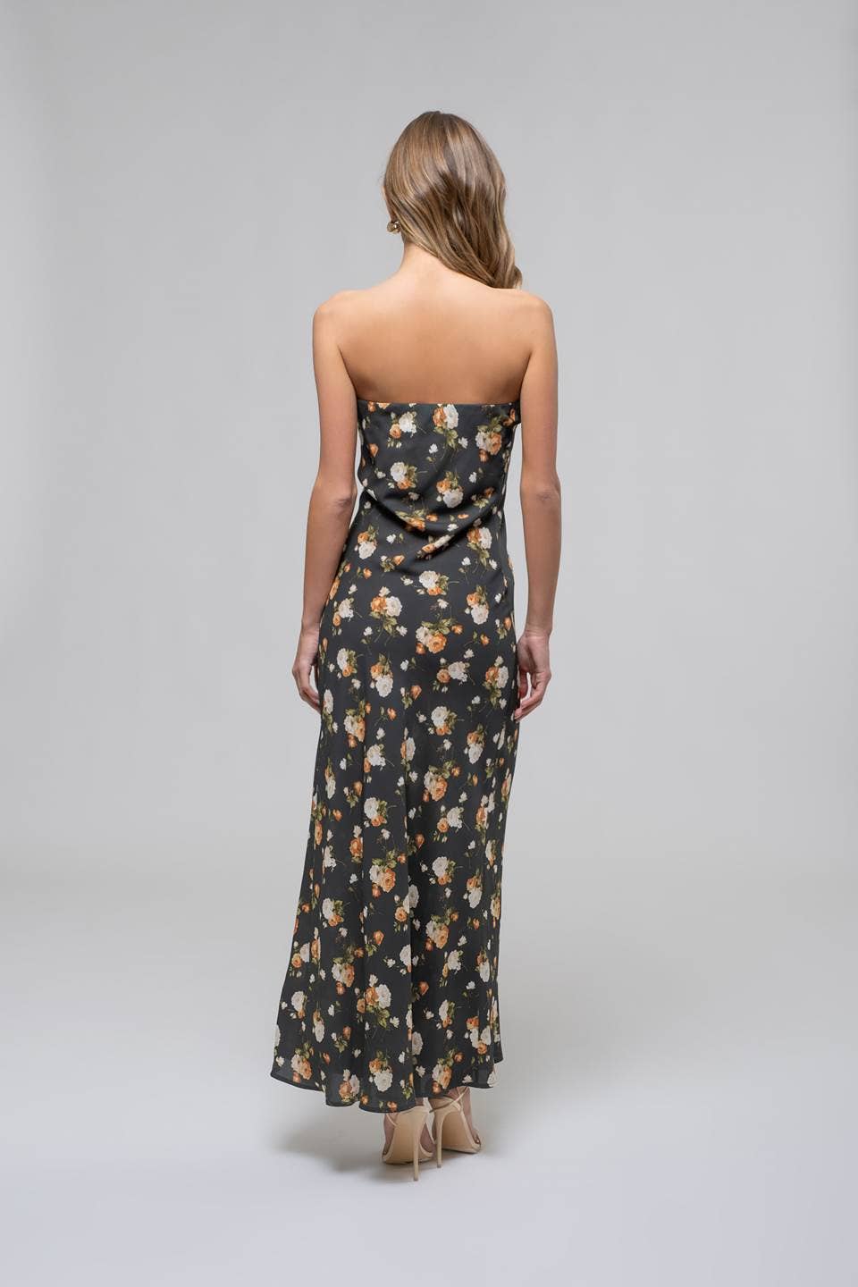 FLORAL STRAPLESS SATIN MIDI DRESS