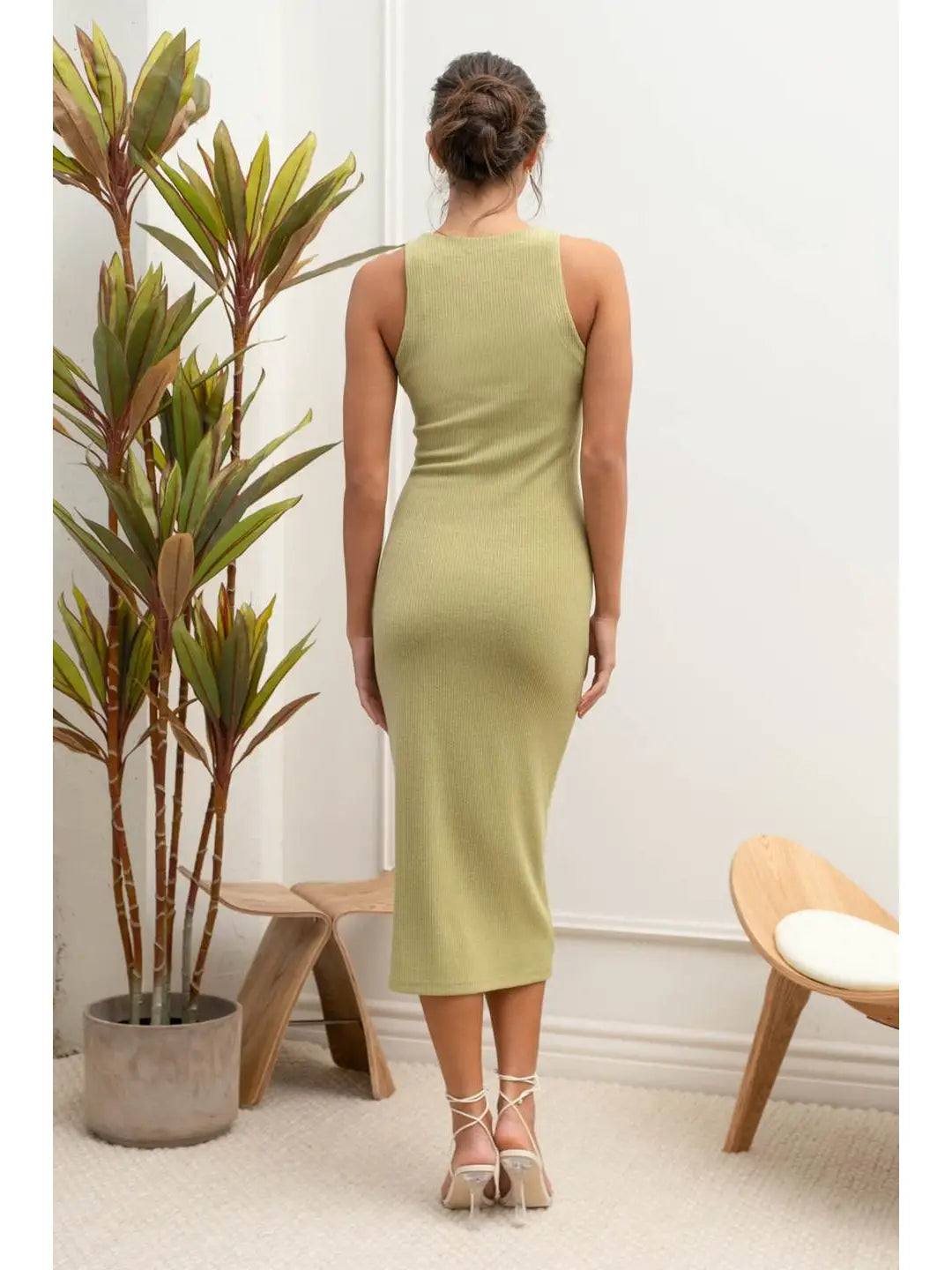 Bella Olive Round Neck Sleeveless Bodycon Midi Dress