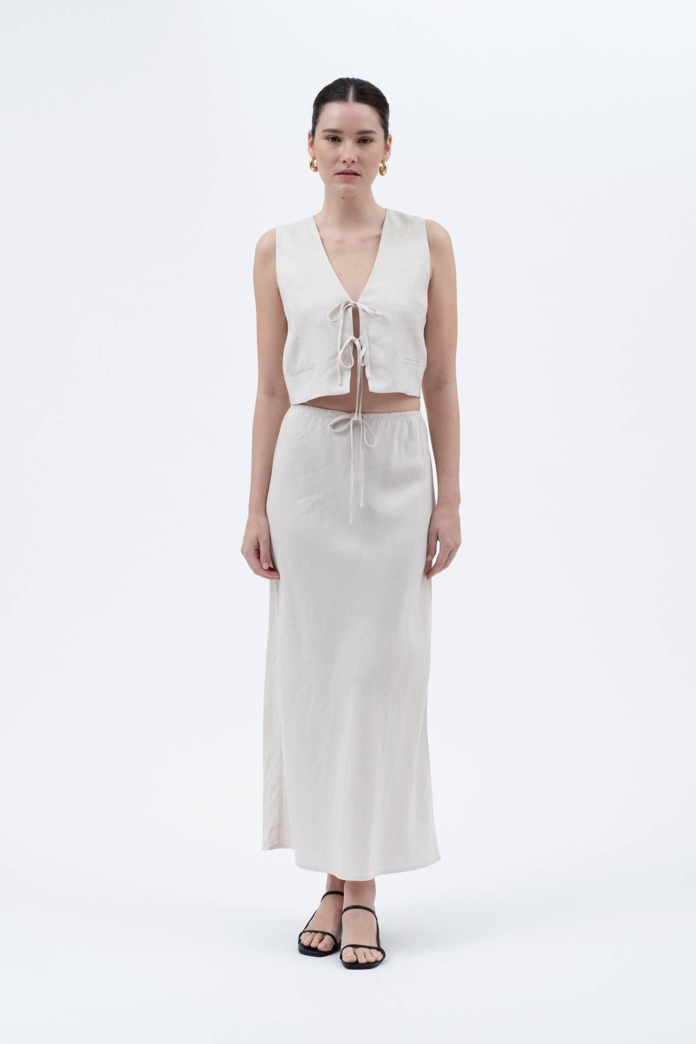 SOLID HIGH WAIST FRONT TIE LINEN MIDI SKIRT