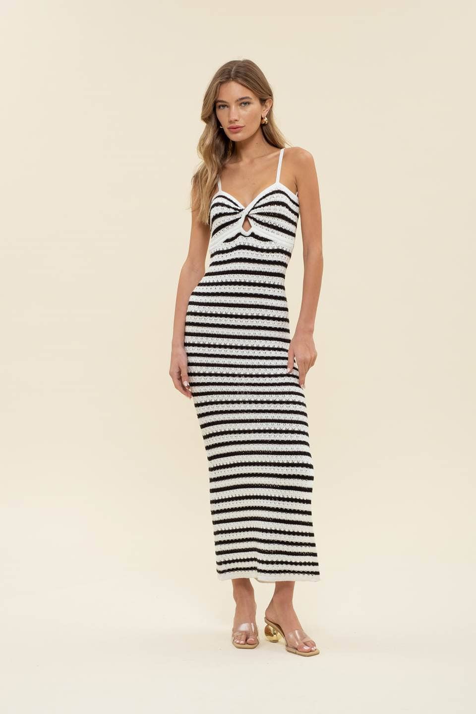Kali Stripe Twist Front Crochet Knit Midi Dress