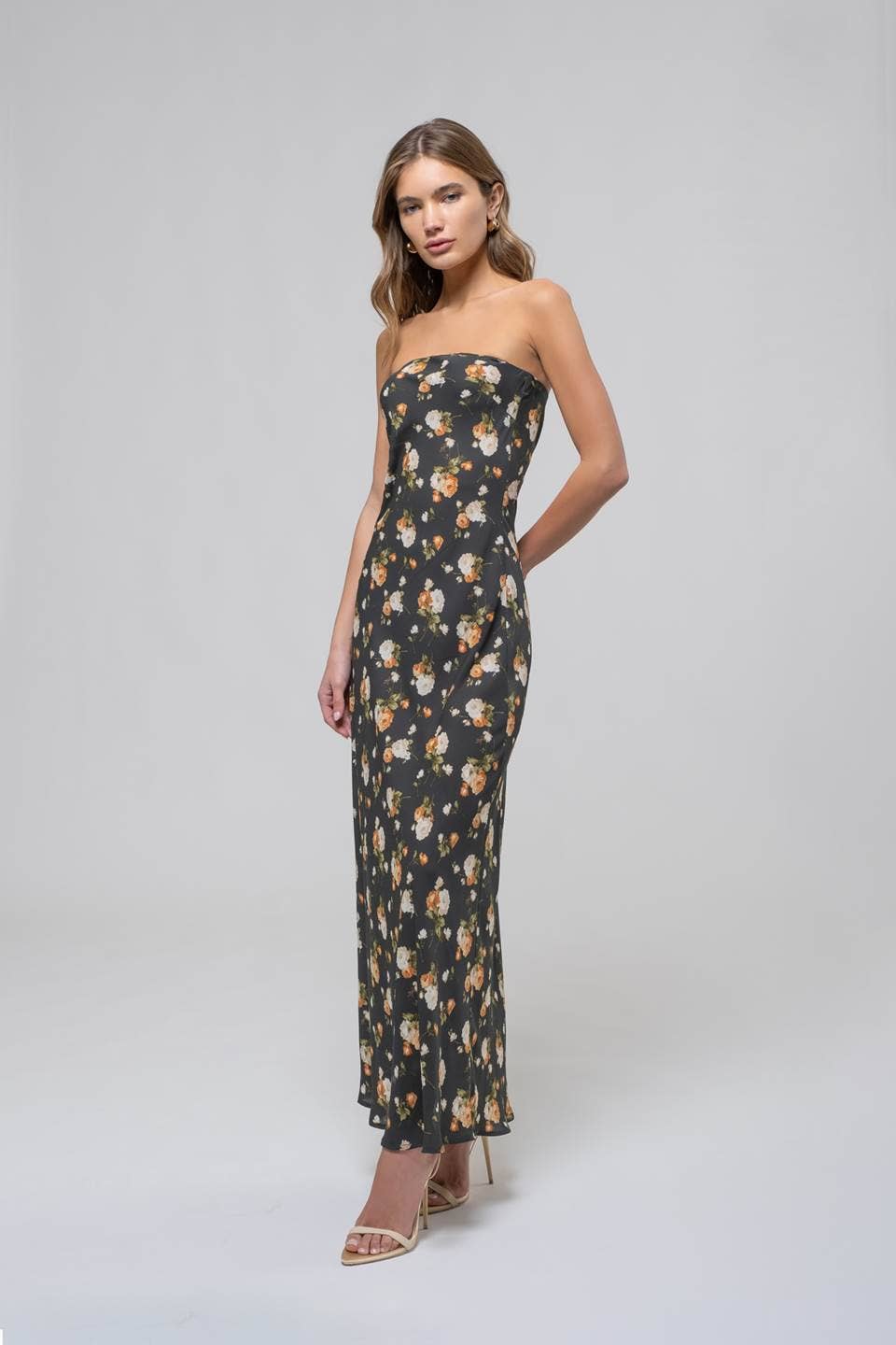 FLORAL STRAPLESS SATIN MIDI DRESS