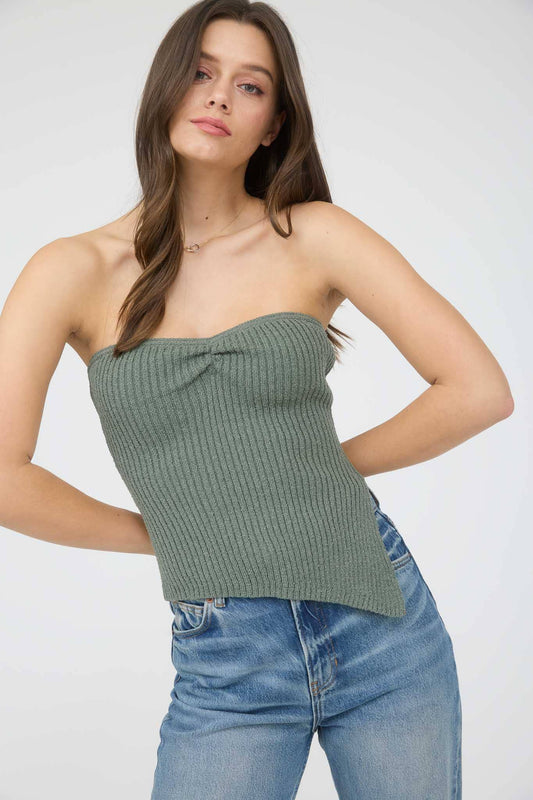Kara Strapless Asymmetrical Hem Knit Top