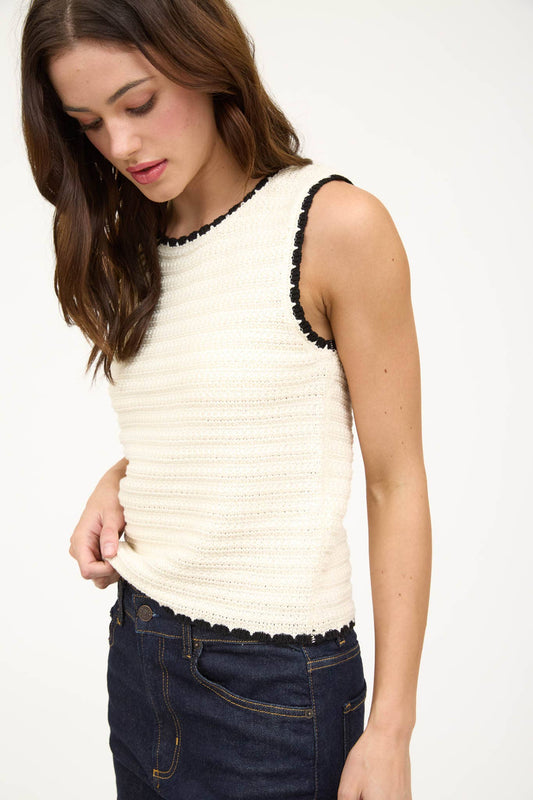 Sally Contrast Trim Crochet Knit Sleeveless Sweater Top