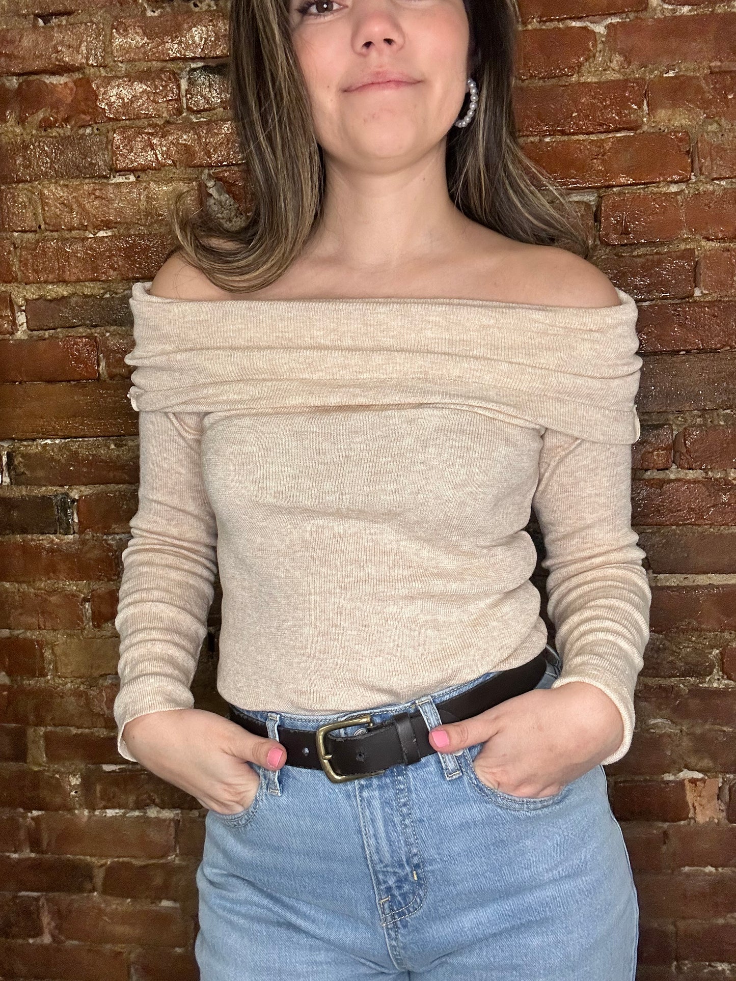 Evie Off The Shoulder Long Sleeve Top Oatmeal