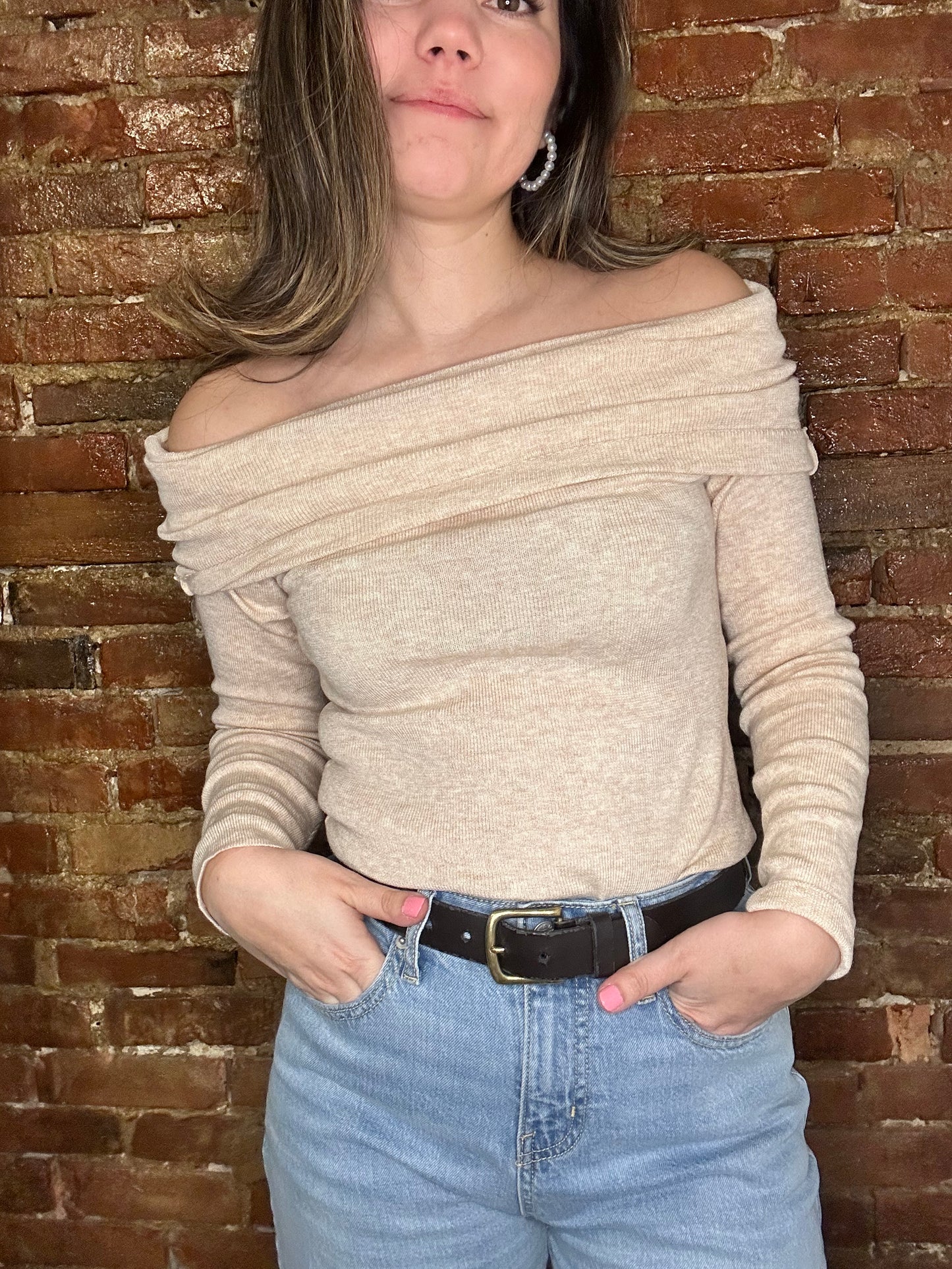 Evie Off The Shoulder Long Sleeve Top Oatmeal