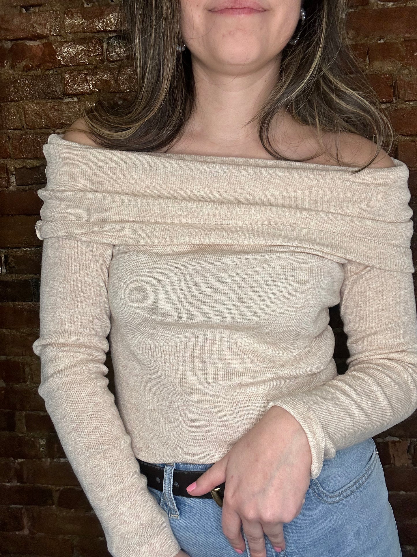 Evie Off The Shoulder Long Sleeve Top Oatmeal