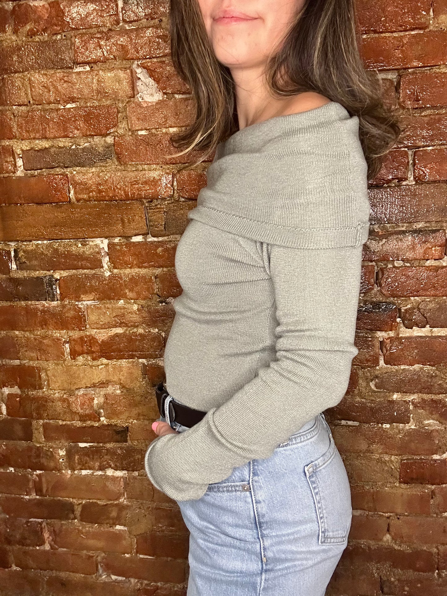 Evie Off The Shoulder Long Sleeve Top Sage Green