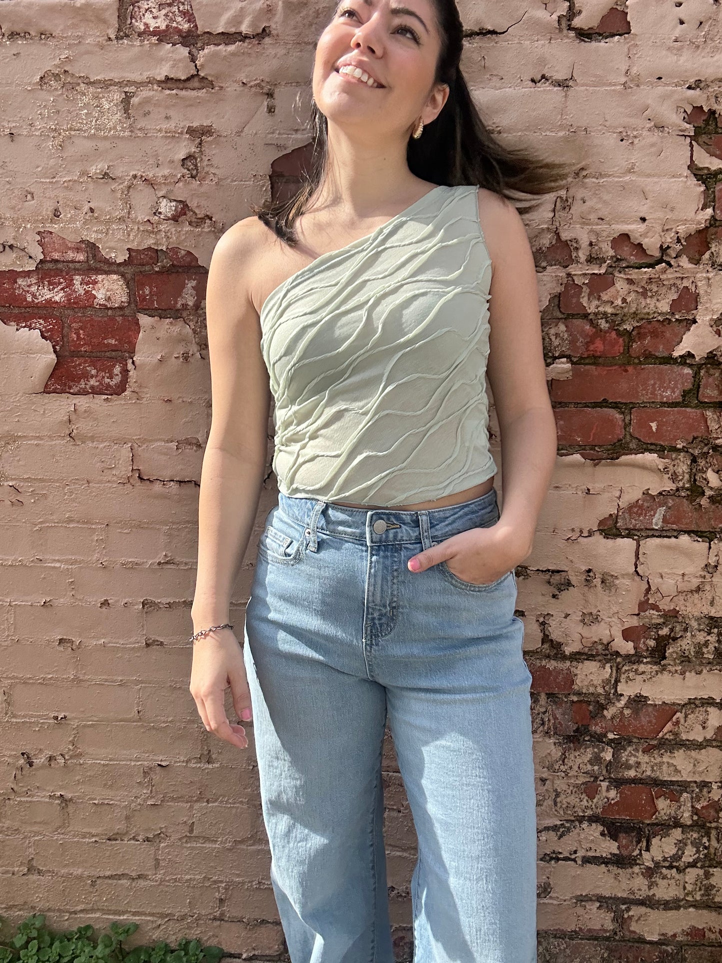 Tessa Olive Textured Cinched One Shoulder Top