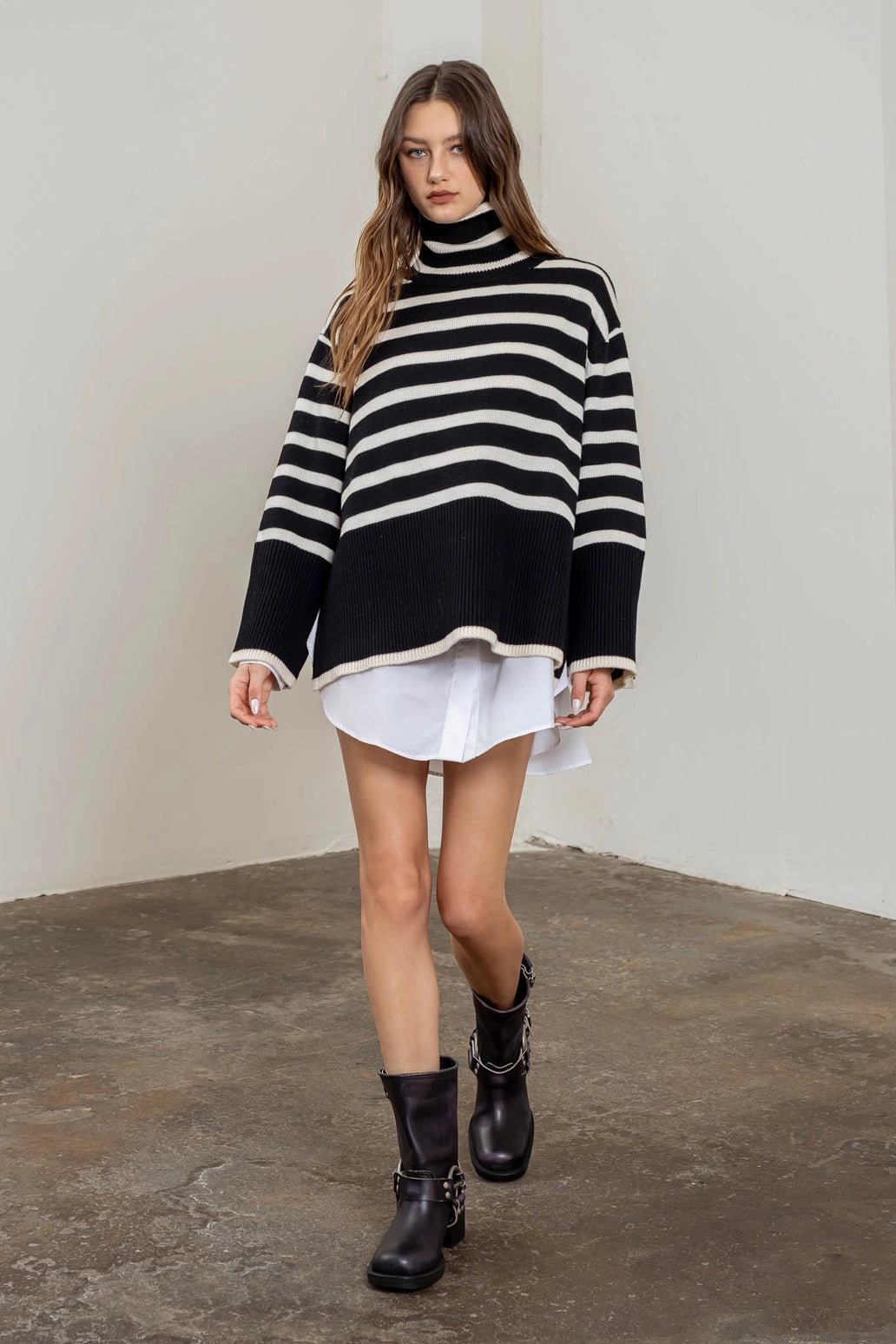 Zoey Black and Cream Striped Turtleneck Sweater