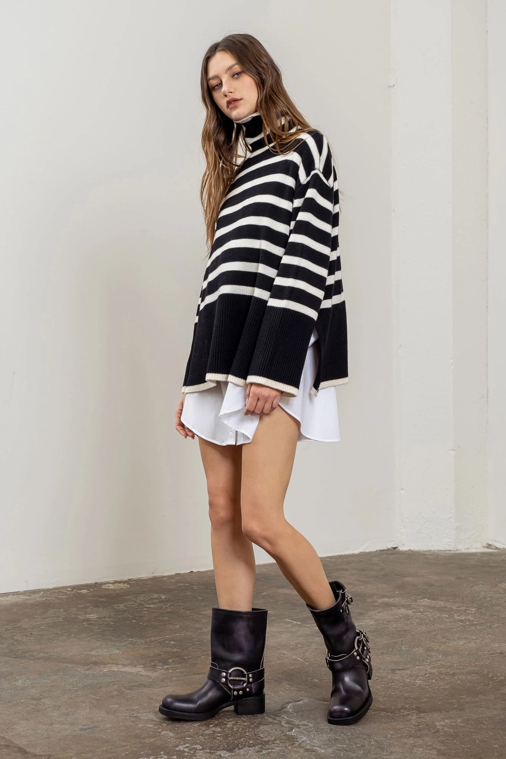 Zoey Black and Cream Striped Turtleneck Sweater