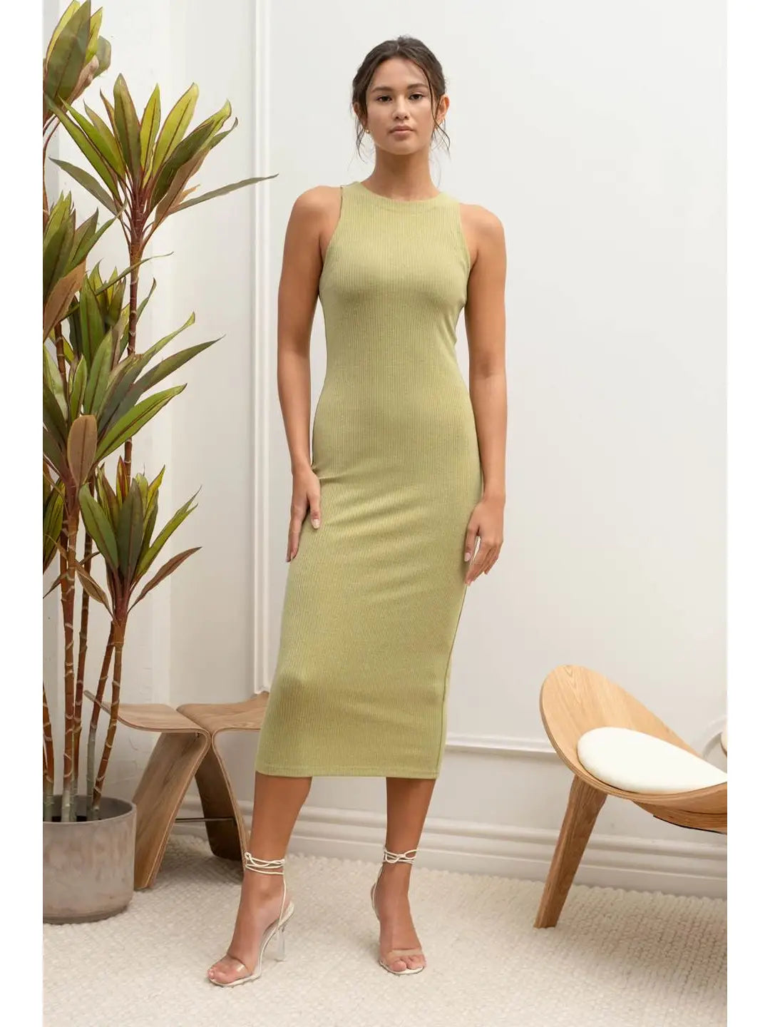 Bella Olive Round Neck Sleeveless Bodycon Midi Dress