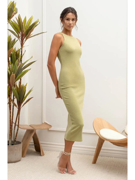 Bella Olive Round Neck Sleeveless Bodycon Midi Dress