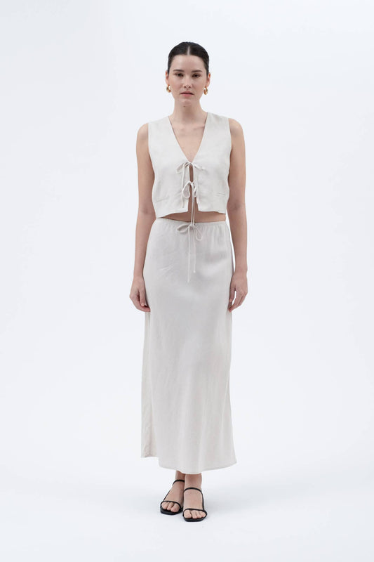 SOLID HIGH WAIST FRONT TIE LINEN MIDI SKIRT