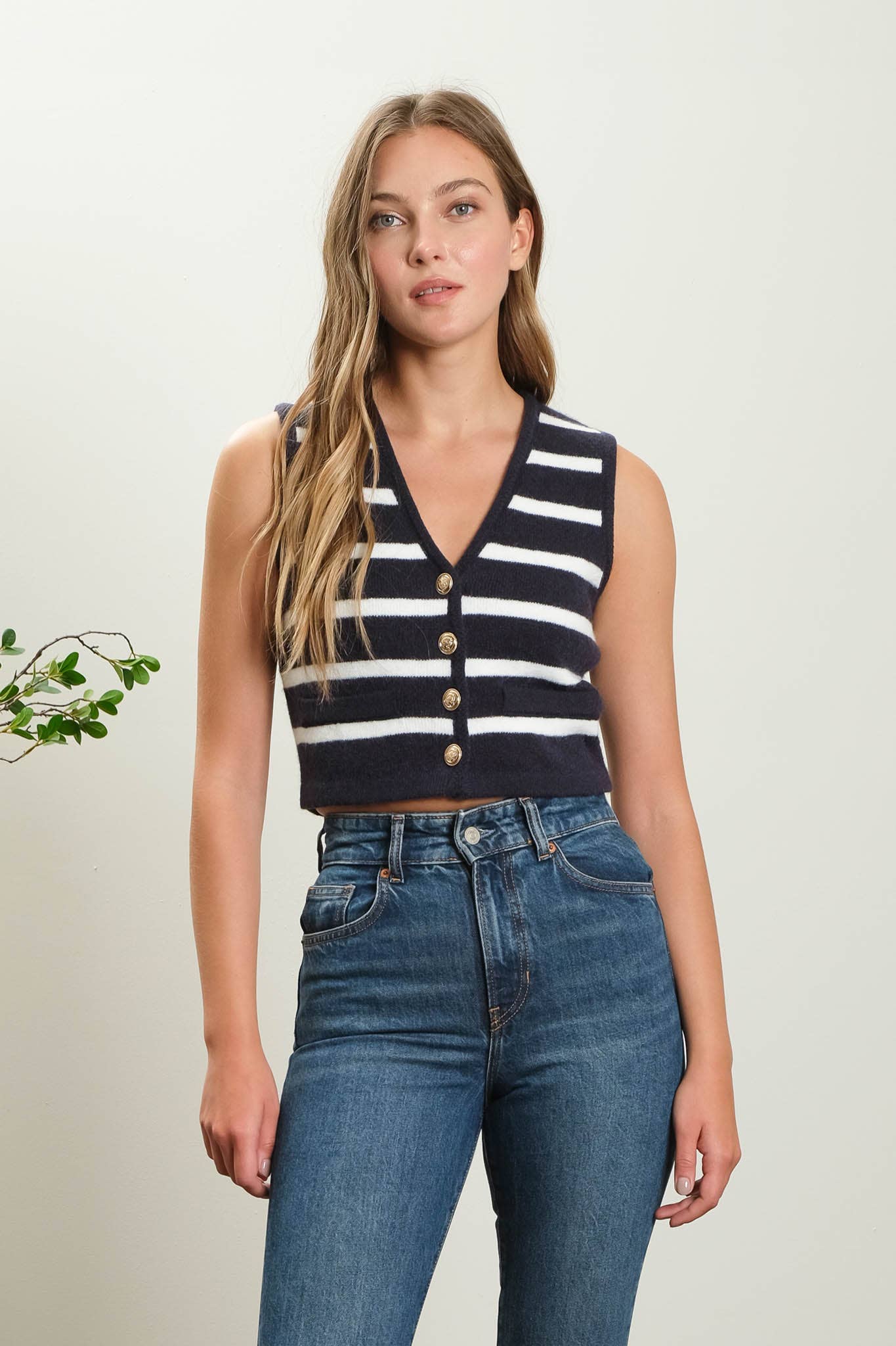 Stripe Button Down Sleeveless Crop Knit Cardigan