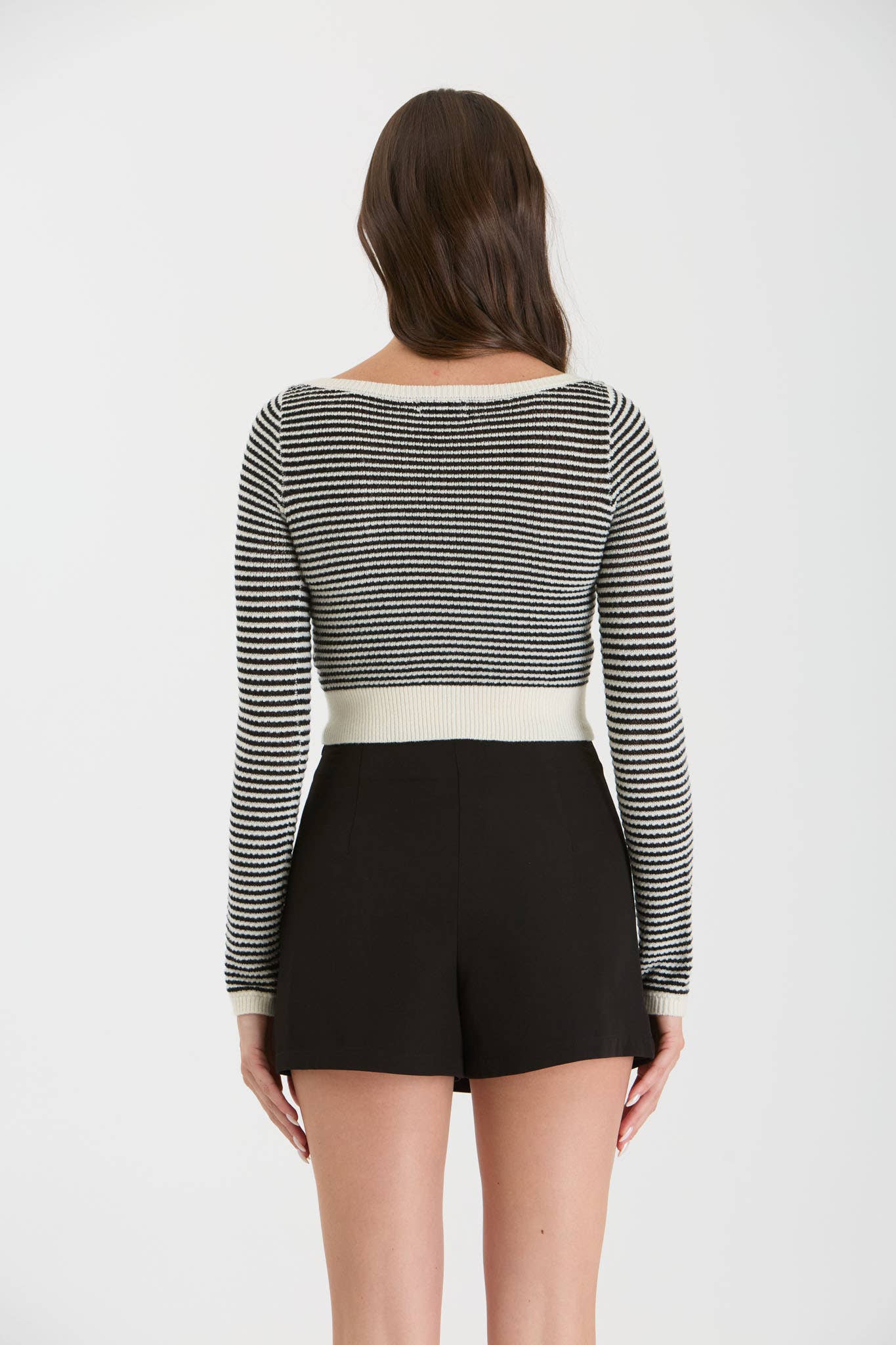 Eva Stripe Boat Neck Knit Long Sleeve Cropped Sweater