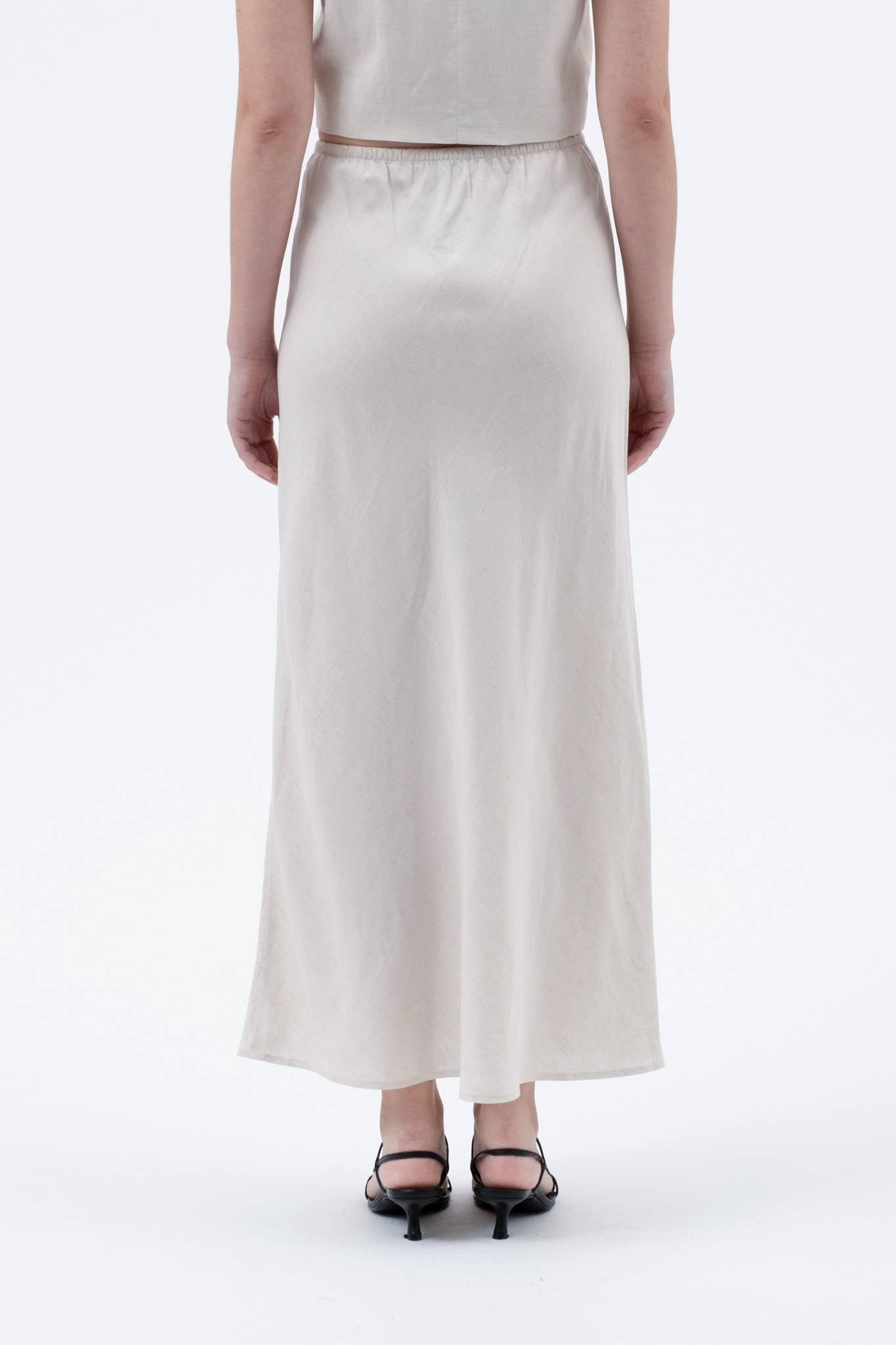 SOLID HIGH WAIST FRONT TIE LINEN MIDI SKIRT